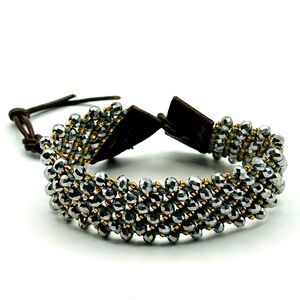 Chan Luu Two Tone Crystal and Brown Leather Bracelet 7-9”